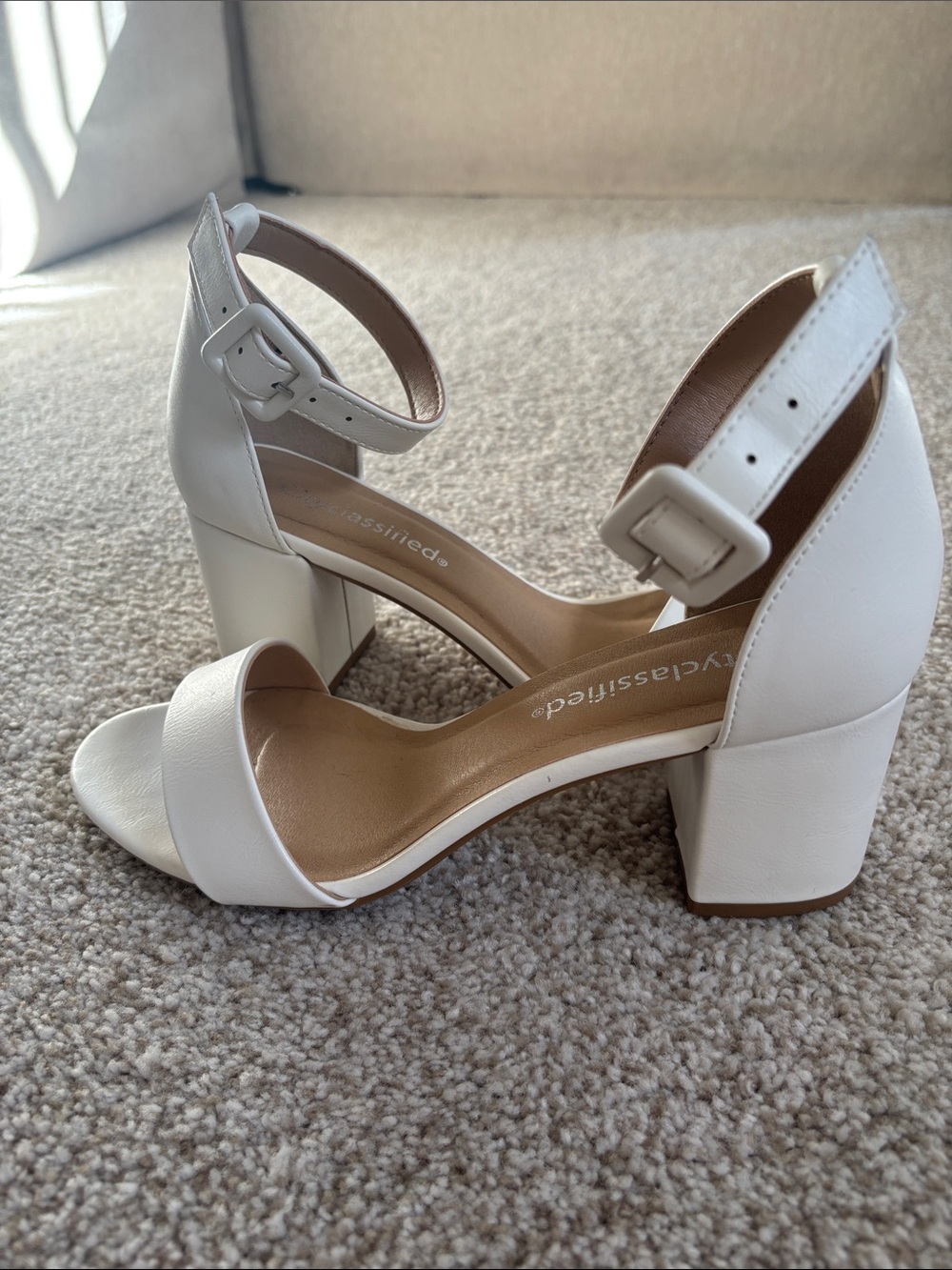 Cityclassified White Block Heel Sandals with Ankle Buckle